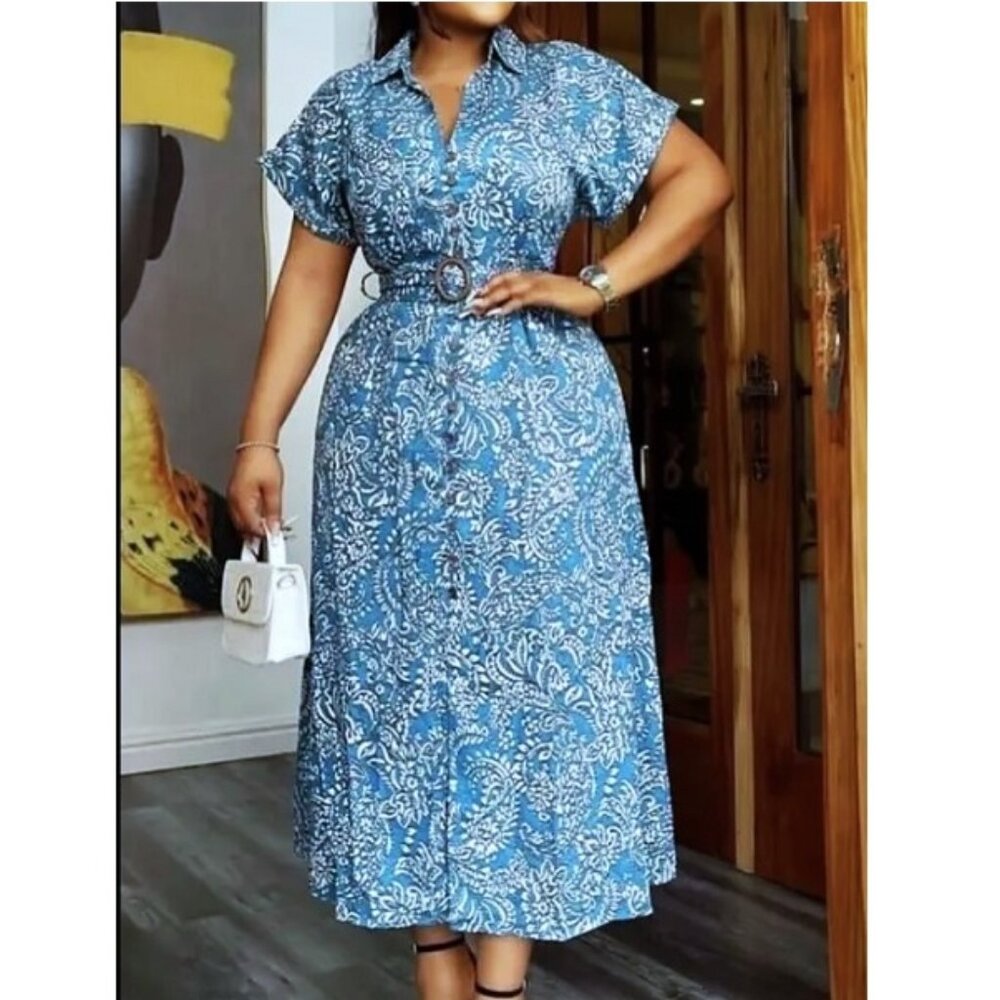 ZARA 100% Cotton Floral Blue Midi Dress Medium Button Front Belt Paisley Print - Picture 8 of 12
